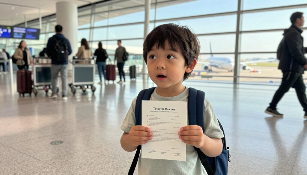 A young child holding an official travel document, standing at an airport terminal. The child, wearing a smart yet casual outfit, looks excited and curious, with a small backpack slung over one shoulder. In the foreground, the document is clearly visible, displaying its official nature. The middle ground features a busy airport scene with travelers and luggage carts, while in the background, large windows reveal airplanes on the tarmac under bright sunlight. The lighting is warm and inviting, creating a cheerful atmosphere. The perspective is slightly low, capturing the child's view of the bustling environment, emphasizing their sense of adventure and anticipation for the journey ahead. A young child holding an official travel document, standing at an airport terminal. The child, wearing a smart yet casual outfit, looks excited and curious, with a small backpack slung over one shoulder. In the foreground, the document is clearly visible, displaying its official nature. The middle ground features a busy airport scene with travelers and luggage carts, while in the background, large windows reveal airplanes on the tarmac under bright sunlight. The lighting is warm and inviting, creating a cheerful atmosphere. The perspective is slightly low, capturing the child's view of the bustling environment, emphasizing their sense of adventure and anticipation for the journey ahead.