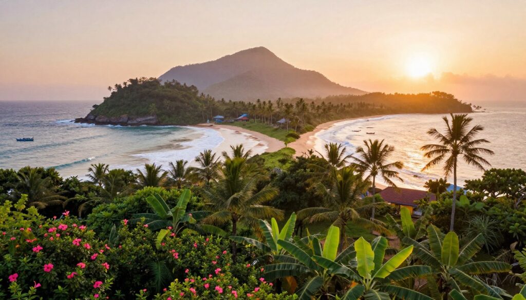 Aerial view of Sri Lanka during the golden hour, showcasing lush green landscapes and palm-fringed beaches. In the foreground, vibrant tropical flora, such as hibiscus flowers and banana trees, create a colorful border. The middle ground features the island’s iconic coastline with waves gently crashing on pristine sandy shores, and scattered fishing boats dotting the turquoise waters. In the background, mist-covered mountains rise majestically under a warm, golden sunlight that casts a serene glow over the scene. The sky is a gradient of oranges and pinks, hinting at a beautiful sunset, conveying a peaceful, inviting atmosphere that suggests it’s the best time to travel. The image should be captured with a wide-angle lens to encompass the grandeur of the landscape and should have soft, diffused lighting to enhance the dreamy quality.