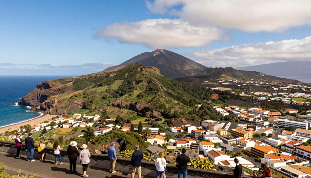 An aerial view of the island of Tenerife, capturing its diverse landscape including volcanic mountains, lush forests, and sandy beaches. In the foreground, illustrate a vibrant coastal town bustling with activity, featuring modern buildings and people in professional attire and modest casual clothing, enjoying the scenery. The middle ground focuses on the iconic Mount Teide, surrounded by a rich tapestry of greenery and rocky terrains, emphasizing the island's natural beauty. In the background, depict the calm Atlantic Ocean, shimmering under a bright blue sky with soft, fluffy clouds. Use warm, natural lighting to enhance the inviting atmosphere, and select a wide-angle lens to provide a sense of scale, showcasing Tenerife's 2,034 square kilometers area and a population of approximately 900,000 residents.