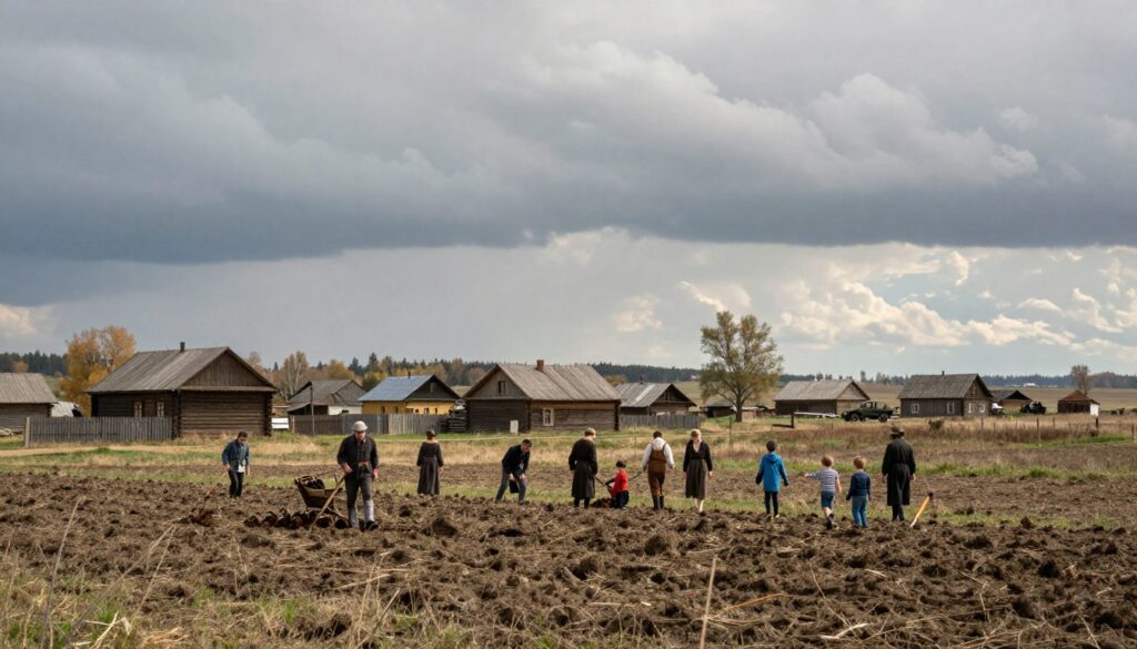 An evocative scene of Wołyń during the occupation and World War II, showcasing a rural landscape with traditional wooden houses and fields in the foreground. In the middle ground, depict a group of modestly dressed villagers engaged in daily life, perhaps a farmer plowing the field and children playing, reflecting resilience amid hardship. The background should illustrate a dramatic sky, hinting at tension and uncertainty, with distant hints of military vehicles or soldiers, subtly integrated to avoid distraction from the villagers. Capture the atmosphere of this historical time with soft, diffused lighting to evoke nostalgia, using a slightly desaturated color palette. The composition should have a wide-angle perspective, conveying the vastness of the Wołyń landscape and the depth of history present in the scene.