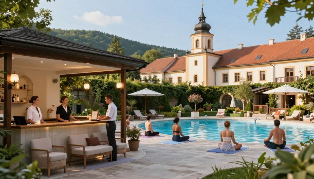 Imagine a serene spa resort in Busko-Zdrój, Poland, surrounded by lush green landscapes and tranquil gardens. In the foreground, a welcoming reception area showcases elegant furnishings and friendly staff in professional attire, ready to assist guests. The middle ground features a picturesque outdoor thermal pool, with guests engaging in relaxation activities like yoga or meditation, all dressed in modest casual clothing. In the background, the historic architecture of the spa buildings stands majestically against a clear blue sky, with gentle sunlight bathing the scene in warm, inviting tones. Capture the atmosphere of calm and rejuvenation, emphasizing the harmonious blend of nature and wellness. Use a soft focus lens to create an inviting, peaceful mood that appeals to those looking to unwind at a health resort.