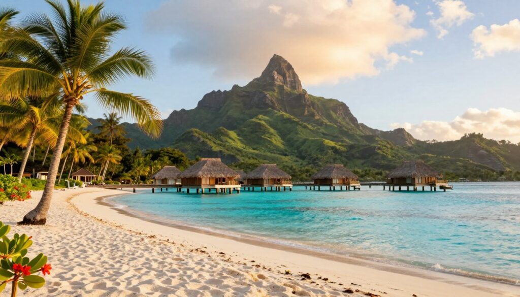A breathtaking view of Bora Bora's stunning landscape, showcasing the iconic turquoise lagoon surrounded by lush green mountains. In the foreground, a serene beach with soft white sand, small palm trees gently swaying in the breeze, and vibrant tropical flowers. Midground features luxurious overwater bungalows with thatched roofs, elegantly set against the clear sky. In the background, dramatic volcanic peaks rise majestically under a warm golden sunset, casting a tranquil glow over the entire scene. Soft, natural lighting enhances the vibrant colors, while the angle captures the depth of the scenery, creating an inviting and peaceful atmosphere. The image evokes a sense of paradise, inviting viewers to explore the beauty and attractions of Bora Bora.