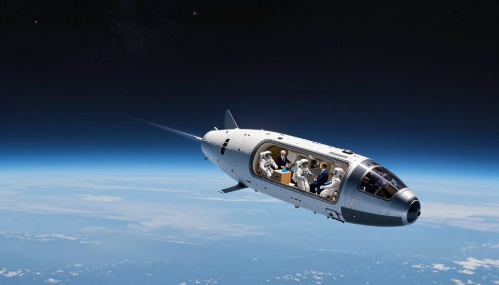 A breathtaking visualization of a suborbital flight in a state of weightlessness. In the foreground, a sleek and modern spacecraft is gently ascending against the backdrop of a stunning blue sky transitioning to the inky blackness of space. Inside the spacecraft, a diverse group of astronauts, dressed in professional business attire, experience zero gravity as they float effortlessly, surrounded by small floating objects and tools indicative of scientific research. In the middle ground, the curvature of the Earth is visible, elegantly outlined with a thin, glowing atmosphere. The background features a scattering of stars twinkling vividly against the deep space. Soft, diffused lighting enhances the surreal and serene atmosphere, capturing the wonder and excitement of exploring the frontier of space travel. Wide-angle perspective to highlight the vastness of the scene, evoking a sense of awe and exploration.