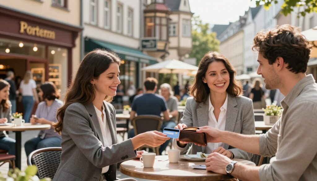A bustling German city street scene depicting a vibrant outdoor café with people engaged in a friendly atmosphere. In the foreground, a woman in professional business attire is smiling as she pays with a credit card at a small table, while a man beside her retrieves cash from his wallet. In the middle ground, a variety of shops showcase a mix of traditional storefronts and modern establishments, reflecting the versatility of payment methods. In the background, iconic German architecture is visible, bathed in warm, natural sunlight, suggesting a pleasant day. The scene conveys a sense of convenience and cultural diversity in payment methods, with soft bokeh effects enhancing the lively atmosphere.