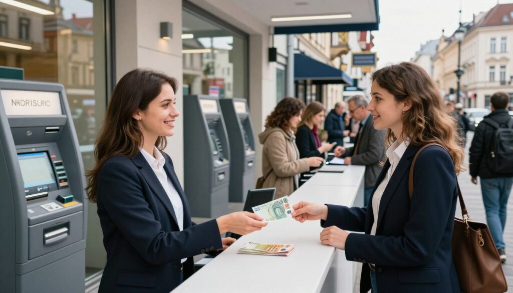 A bustling city street scene showcasing a modern currency exchange office where Polish złotówki are being exchanged for euros. In the foreground, a well-dressed woman in professional attire stands at the exchange counter, attentively speaking with a friendly cashier. In the middle ground, several sleek ATMs line the sidewalk, allowing customers to withdraw euros. Bright, natural lighting illuminates the scene, with reflections on the glass windows of nearby buildings. The atmosphere is energetic yet focused, emphasizing financial activity and convenience. Diverse people of various backgrounds are seen engaging harmoniously, creating a sense of community and commerce. The background features iconic European architecture, adding to the ambiance of a vibrant city.
