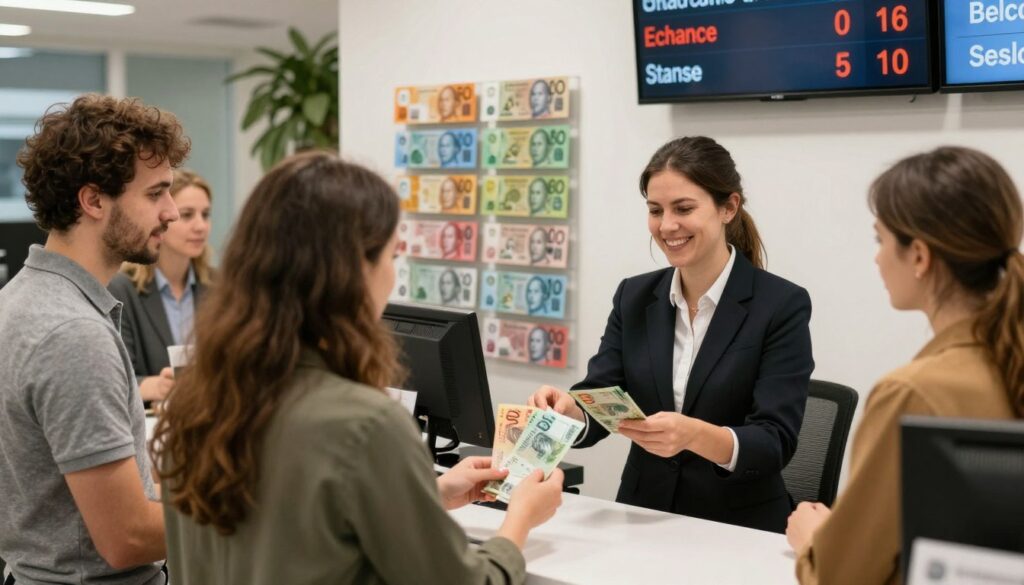 A bustling currency exchange office in Poland, focused on the transaction of Australian dollars. In the foreground, a friendly cashier in professional attire assists a diverse group of customers at the counter, showing a stack of colorful Australian banknotes. The customer faces include both men and women, dressed in modest, casual clothing. In the middle ground, there are displays of various currencies, prominently featuring Australian dollars alongside a large digital display showing exchange rates. The background features a welcoming and well-lit office atmosphere with modern décor, emphasizing the efficiency of currency exchange services. Soft, warm lighting creates an inviting ambiance, while the camera angle is slightly above eye level, showcasing the action of the transaction in a professional and engaging manner.