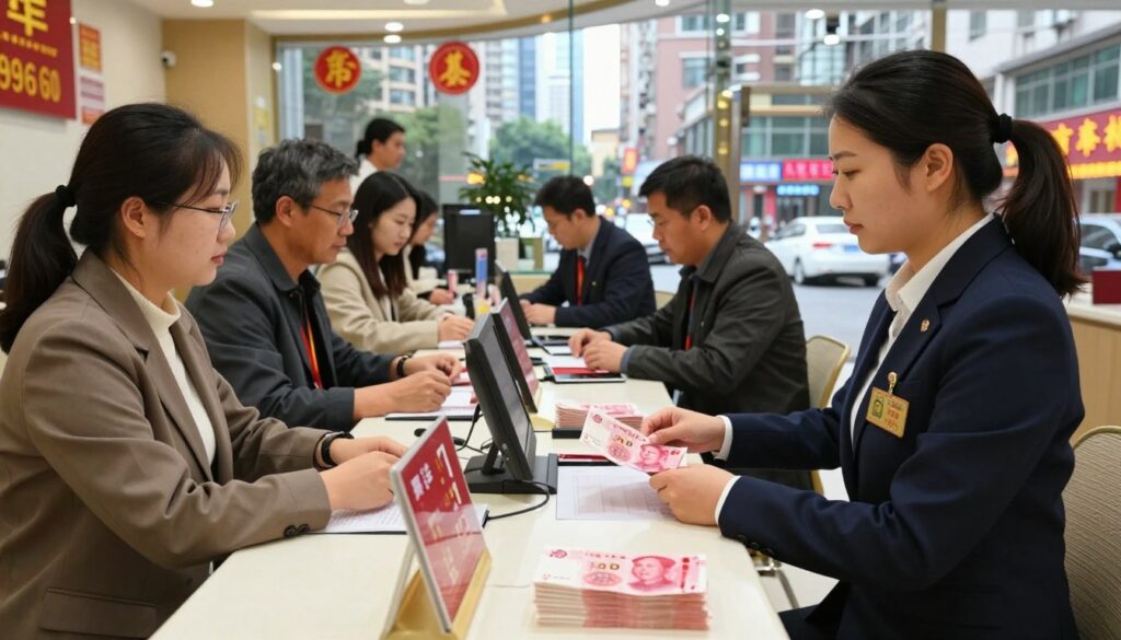 A bustling currency exchange office in a Chinese urban setting, with a professional staff member, dressed in a smart business suit, assisting a diverse group of customers. The foreground features a sleek modern counter with various currency symbols like the Chinese yuan prominently displayed. In the middle, customers are shown in casual business attire, engaging in transactions, with stacks of yuan notes and currency exchange rates visible. The background captures the vibrant city life with tall buildings, busy streets, and neon signs advertising exchange services. The scene is illuminated by warm, inviting lighting, conveying a friendly atmosphere. The perspective is slightly angled to emphasize the interaction at the counter while maintaining a clear focus on the currency exchange theme.