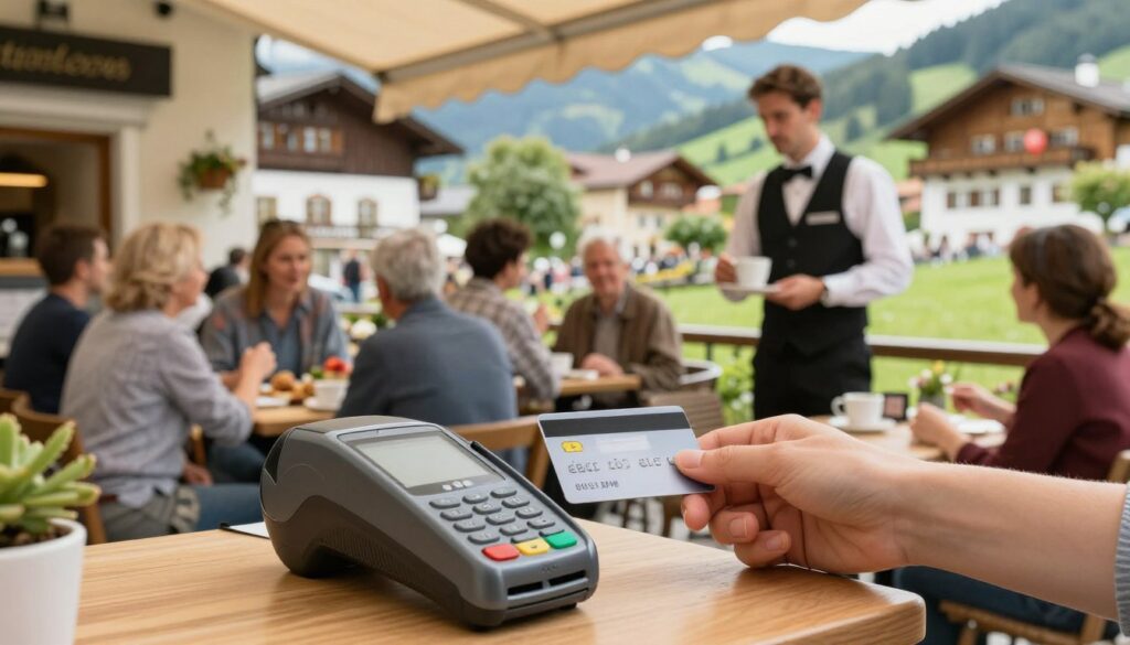 A bustling outdoor café in Austria, showcasing a variety of patrons, some sitting at tables and others standing, engaged in conversation. In the foreground, a close-up of a contactless payment terminal and a hand holding a credit card, poised to make a transaction. The middle ground features a waiter in professional attire serving coffee, with a scenic backdrop of traditional Austrian architecture and lush green hills. Soft, warm daylight filters through, creating a welcoming and vibrant atmosphere. The angle captures the lively interactions, emphasizing modern payment methods in a cozy, authentic Austrian setting. The overall mood is inviting, reflecting the ease of card payments in everyday life.