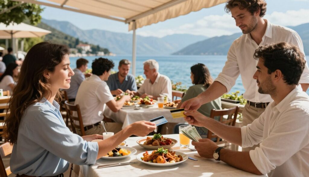 A bustling outdoor café scene in Montenegro, showcasing a diverse group of people paying with cash and credit cards at a table. In the foreground, a woman dressed in smart casual clothing is handing a credit card to a waiter, while a man in a light shirt is counting cash. The middle ground features tables adorned with traditional Montenegrin dishes and drinks, creating an inviting atmosphere. The background reveals a picturesque coastal view of the Adriatic Sea, with mountains under a bright blue sky. The lighting is warm and sunny, casting soft shadows that enhance the vibrant colors of the scene. The overall mood conveys a sense of relaxation and enjoyment of local culture. A bustling outdoor café scene in Montenegro, showcasing a diverse group of people paying with cash and credit cards at a table. In the foreground, a woman dressed in smart casual clothing is handing a credit card to a waiter, while a man in a light shirt is counting cash. The middle ground features tables adorned with traditional Montenegrin dishes and drinks, creating an inviting atmosphere. The background reveals a picturesque coastal view of the Adriatic Sea, with mountains under a bright blue sky. The lighting is warm and sunny, casting soft shadows that enhance the vibrant colors of the scene. The overall mood conveys a sense of relaxation and enjoyment of local culture.