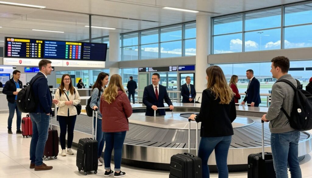 A bustling scene at Tirana International Airport, capturing the excitement of travelers arriving in Albania. In the foreground, a diverse group of passengers, including a family and business professionals, dressed in smart casual attire, are interacting and gathering their luggage from a carousel. In the middle ground, airport staff are assisting new arrivals with warm smiles, while information screens display flight details in an inviting manner. The background features the sleek architecture of the airport terminal, illuminated by bright, natural light pouring in from large windows, with vivid blue skies visible outside. The atmosphere is energetic and welcoming, embodying the beginning of an adventure in Albania.