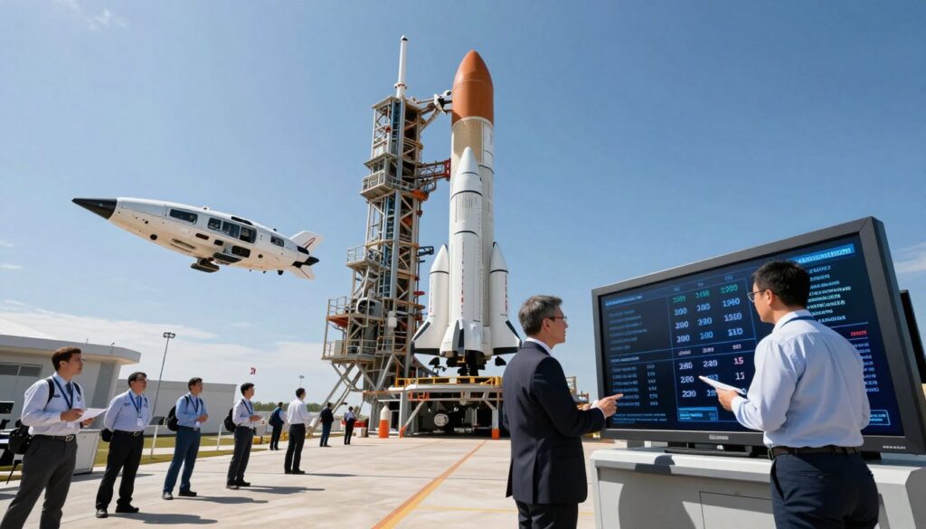 A bustling spaceport scene showcasing commercial spaceflights, with a sleek rocket poised for launch on a launch pad in the foreground. Pioneering astronauts in professional business attire are analyzing digital price displays of space travel packages and training programs, reflecting the high-tech nature of the industry. In the middle ground, the background features a futuristic spacecraft gliding against a clear blue sky, surrounded by scientists and technicians engaged in pre-flight checks. The atmosphere is dynamic and exciting, with bright sunlight illuminating the scene, casting dramatic shadows. Captured from a low-angle perspective to emphasize the rocket's height, creating a sense of awe and innovation in commercial space travel.