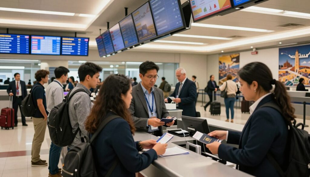A busy airport check-in area with travelers checking in for their flights to the USA. In the foreground, a diverse group of individuals dressed in professional business attire and modest casual clothing is interacting with an airline counter staff member, presenting passports and boarding passes. The middle ground features large digital flight information displays showing destinations and times. In the background, officials are processing luggage and attendees in a bustling environment filled with suitcases, travel posters for popular U.S. cities, and the soft glow of overhead lights. The atmosphere is focused and organized, evoking anticipation and the seriousness of travel preparations. Use a slightly wide-angle lens to capture the depth of the scene, with warm lighting to create an inviting yet professional ambiance.
