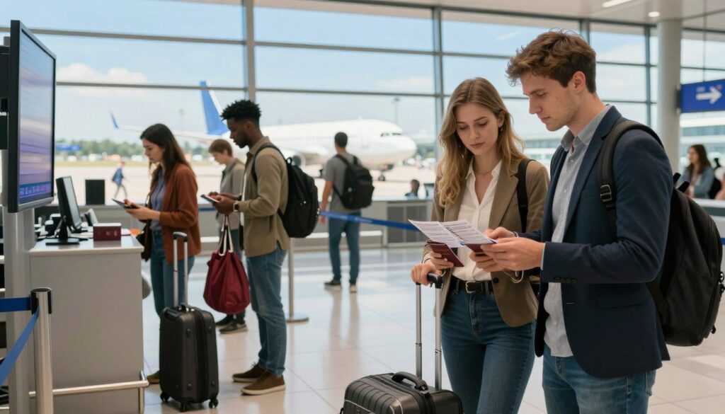 A busy airport terminal in Katowice, Poland. In the foreground, a young couple dressed in smart-casual attire is checking their boarding passes on a digital screen while standing beside their suitcase. In the middle ground, travelers of various ethnic backgrounds are waiting in line at a check-in counter, with travel essentials like passports and bags in hand. The background features large windows showcasing an airplane on the tarmac under a bright blue sky, enhancing the sense of anticipation. Soft natural lighting streams in, creating a warm atmosphere. The scene captures the hustle and bustle of travel preparations, evoking excitement and readiness for the journey ahead, with no text or distractions. A busy airport terminal in Katowice, Poland. In the foreground, a young couple dressed in smart-casual attire is checking their boarding passes on a digital screen while standing beside their suitcase. In the middle ground, travelers of various ethnic backgrounds are waiting in line at a check-in counter, with travel essentials like passports and bags in hand. The background features large windows showcasing an airplane on the tarmac under a bright blue sky, enhancing the sense of anticipation. Soft natural lighting streams in, creating a warm atmosphere. The scene captures the hustle and bustle of travel preparations, evoking excitement and readiness for the journey ahead, with no text or distractions.