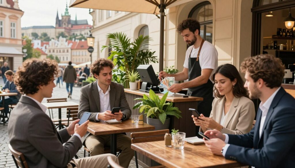 A busy café scene in Prague, with a large outdoor terrace featuring wooden tables and chairs. In the foreground, a diverse group of people, dressed in smart casual and business attire, are engaged in conversation while examining their payment options on sleek smartphones. In the middle, a barista is taking an order and casually handling euros and Czech koruny at the register, surrounded by lush green plants in pots. In the background, historic architecture frames the setting, with cobblestone streets and a distant view of Prague's famous castle. Soft afternoon sunlight filters through, casting a warm, inviting glow over the scene, creating a welcoming and lively atmosphere. Focus on the exchange of currency and modern payment options illustrating international transactions.