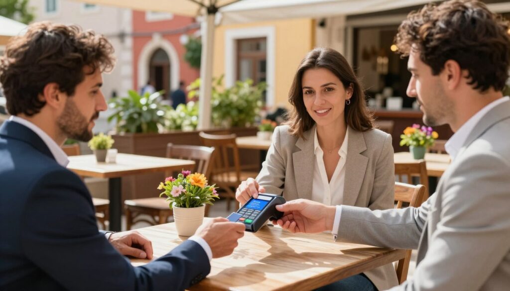 A busy outdoor café scene in Croatia showcasing secure card payment options. In the foreground, two adults in professional business attire are seated at a table, engaged in discussion while one uses a contactless card reader to complete a payment. The middle section features a well-designed, inviting café ambience with wooden tables, green plants, and colorful flowers, enhancing the cozy atmosphere. In the background, the vibrant Croatian architecture is visible, along with soft natural sunlight streaming down, creating a warm, welcoming mood. The angle captures the interactions between the customers and the technology they use, highlighting the modernity and security of card payments in Croatia.
