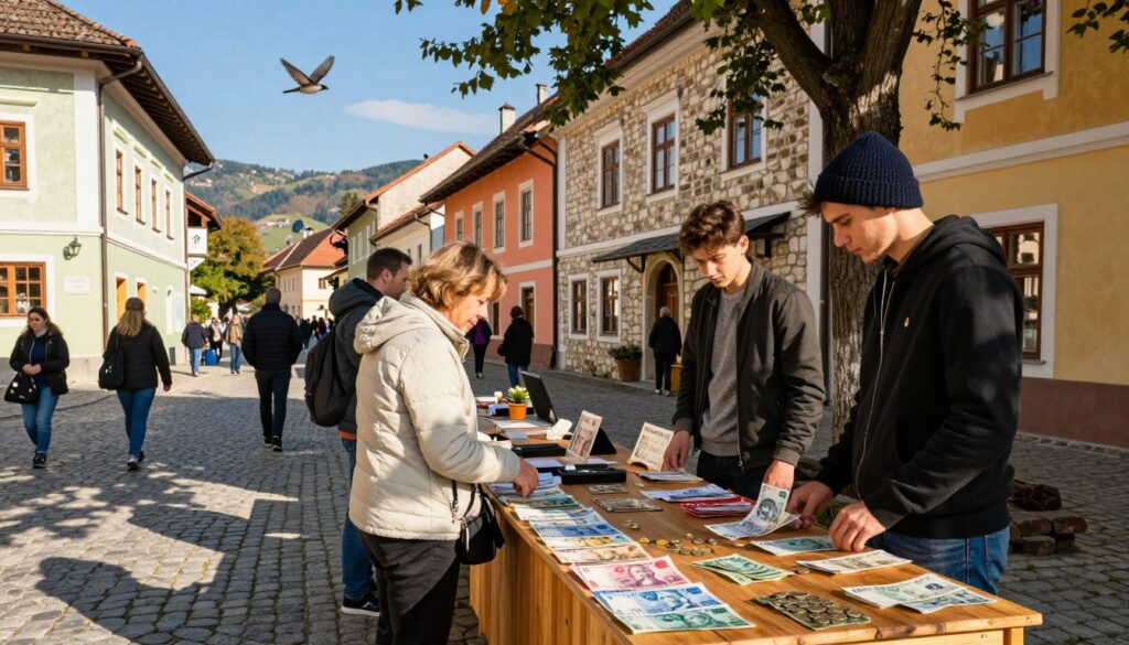 A charming small-town street scene in Slovenia, bustling with activity. In the foreground, a wooden market stall displays various denominations of Slovenian currency, such as banknotes and coins, attracting the attention of shoppers. A few casually dressed locals, including a middle-aged woman in a light jacket and a young man wearing a beanie, browse the stall with interest. In the middle ground, quaint stone buildings with colorful facades line the street, bathed in warm afternoon sunlight, creating a welcoming atmosphere. Birds can be seen fluttering above as a tree casts playful shadows on the cobblestone path. The background features rolling hills under a clear blue sky, enhancing the village charm. The scene conveys a sense of community and the relevance of having cash in smaller locales.
