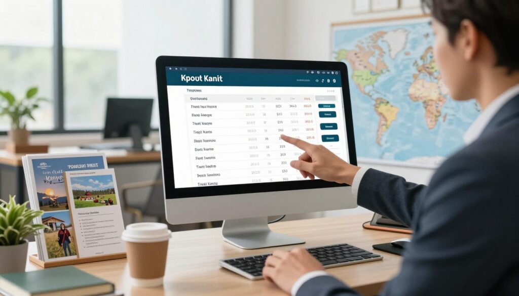 A close-up of a modern travel agent’s workspace, showcasing a computer screen displaying flight options and prices for trips to Kenya, alongside a world map with marked destinations. In the foreground, a professional travel consultant in business attire gestures towards the screen, highlighting the best travel options. The middle ground features various travel brochures, a coffee cup, and a notepad filled with travel tips. In the background, a window reveals a bright, inviting view of a travel-themed office with soft natural lighting. The atmosphere is informative yet relaxed, evoking a sense of planning and anticipation for a memorable journey. The scene captures the essence of selecting comfortable flights and finding attractive ticket prices.