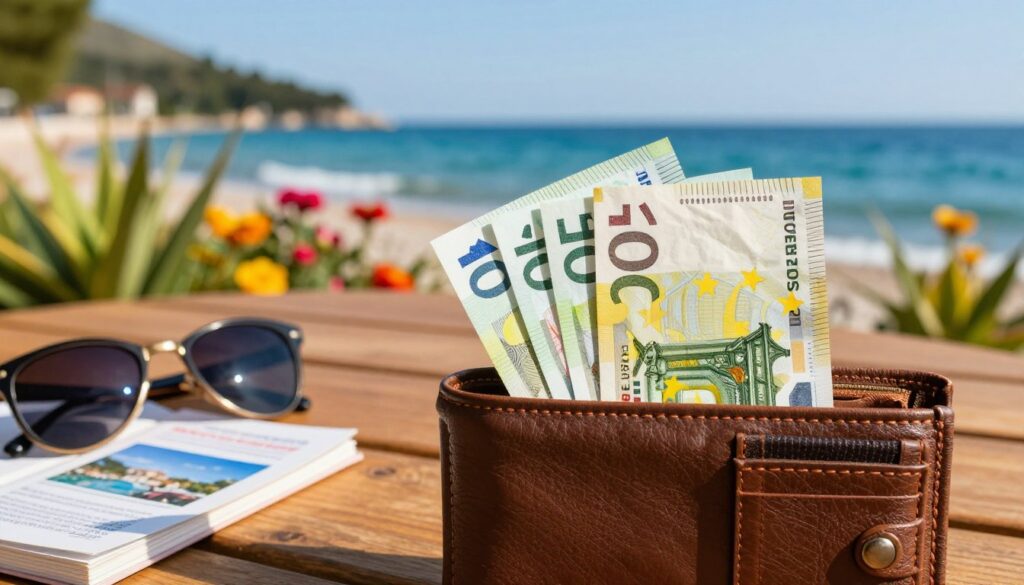 A close-up scene capturing a wallet filled with assorted currencies, prominently featuring the euro and the Montenegrin dinar, resting on a wooden table with a picturesque backdrop of the Montenegrin coastline. In the foreground, a pair of sunglasses and a travel guide are placed beside the wallet, suggesting a tourist's preparations. The middle ground showcases vibrant Mediterranean plants, hinting at a sunny afternoon. In the background, soft blue waves gently lap against the shore under a clear azure sky. The image is bathed in warm, golden lighting, evoking a relaxed and inviting atmosphere, perfect for vacation planning. The focus is sharp on the wallet, with a slight blur on the background to add depth. A close-up scene capturing a wallet filled with assorted currencies, prominently featuring the euro and the Montenegrin dinar, resting on a wooden table with a picturesque backdrop of the Montenegrin coastline. In the foreground, a pair of sunglasses and a travel guide are placed beside the wallet, suggesting a tourist's preparations. The middle ground showcases vibrant Mediterranean plants, hinting at a sunny afternoon. In the background, soft blue waves gently lap against the shore under a clear azure sky. The image is bathed in warm, golden lighting, evoking a relaxed and inviting atmosphere, perfect for vacation planning. The focus is sharp on the wallet, with a slight blur on the background to add depth.