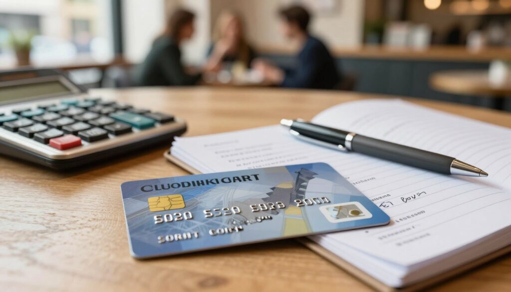 A close-up view of a Euro credit card lying on a wooden table, accompanied by a calculator and a notepad filled with handwritten financial notes. In the background, softly blurred, an inviting café scene with people engaged in conversation, showcasing a casual yet professional travel atmosphere. The lighting is warm and natural, coming from a nearby window, casting gentle shadows across the table. The image should evoke a sense of financial awareness and planning for travel expenses, focusing on the themes of card payment costs and additional fees. Use a shallow depth of field to emphasize the credit card and financial tools in the foreground while keeping the café scene subtly present, suggesting a comfortable European travel experience.