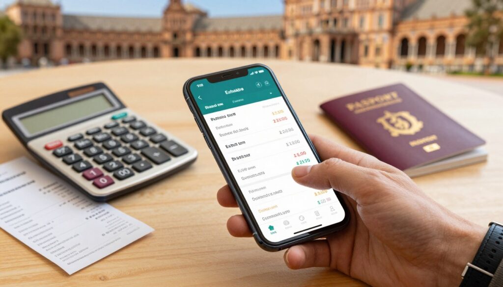 A close-up view of a smartphone displaying a digital currency exchange app, showcasing real-time currency conversion rates between euros and multiple international currencies. In the foreground, a hand with a wristwatch taps the screen, symbolizing user interaction. In the middle ground, a table with a neatly arranged calculator, receipts, and a passport, indicating travel readiness and financial planning. The background features a soft-focus image of iconic Spanish architecture, like a plaza or a historic building, bathed in warm, natural light to evoke a welcoming atmosphere. The overall mood is organized and professional, emphasizing financial awareness for travelers while avoiding any confusion about currency exchanges and fees. The angle is slightly overhead, capturing both the smartphone and the table's details effectively. A close-up view of a smartphone displaying a digital currency exchange app, showcasing real-time currency conversion rates between euros and multiple international currencies. In the foreground, a hand with a wristwatch taps the screen, symbolizing user interaction. In the middle ground, a table with a neatly arranged calculator, receipts, and a passport, indicating travel readiness and financial planning. The background features a soft-focus image of iconic Spanish architecture, like a plaza or a historic building, bathed in warm, natural light to evoke a welcoming atmosphere. The overall mood is organized and professional, emphasizing financial awareness for travelers while avoiding any confusion about currency exchanges and fees. The angle is slightly overhead, capturing both the smartphone and the table's details effectively.