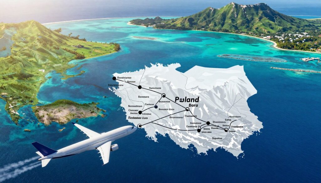 A detailed aerial view illustrating the flight route from Poland to Bora Bora, showcasing a dynamic map-like design. In the foreground, include a stylized airplane with its contrail, flying over a vivid blue ocean. The middle layer features a visual representation of key landmarks along the way, such as the Alps and other notable regions. In the background, display the stunning turquoise lagoons and lush green landscapes of Bora Bora, emphasizing its idyllic beauty. The lighting should suggest a clear, sunny day, creating a warm and inviting atmosphere. Use a wide-angle perspective to capture the expansive landscape and the sense of travel, while maintaining a professional and informative look suitable for an article.