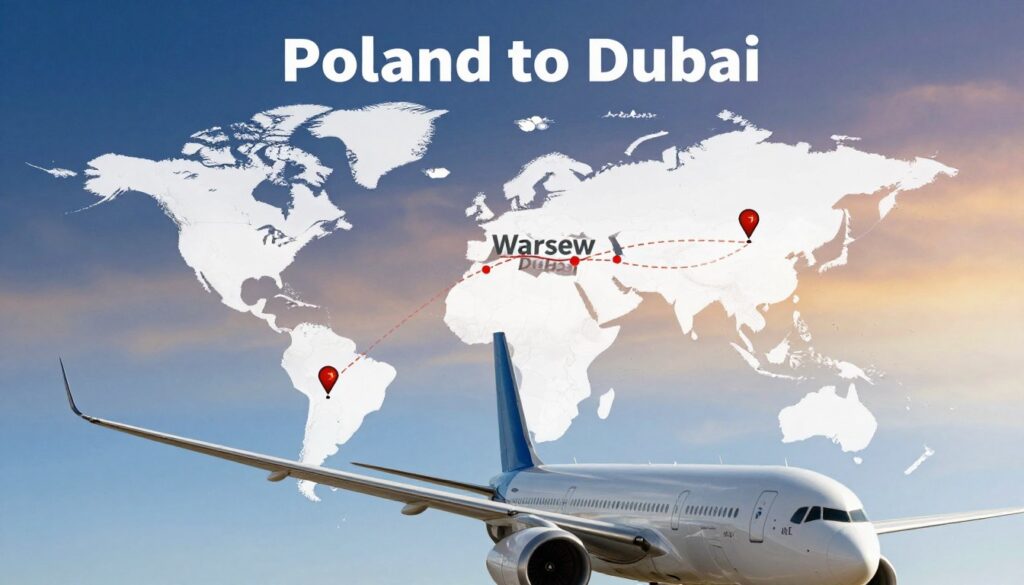 A detailed and informative illustration depicting factors influencing flight time from Poland to Dubai. In the foreground, an airplane in flight, showcasing wing details and altitude indicators against a clear blue sky. The middle layer features a stylized world map highlighting the route from Warsaw to Dubai, with icons representing conditions like distance, weather, and air traffic. In the background, a gradient of day to night skies transitions smoothly, symbolizing different flight durations. Soft sunlight illuminates the scene, creating a warm, professional atmosphere. The overall composition evokes a sense of travel, exploration, and the intricacies involved in air travel dynamics, with a focus on clarity and educational value.