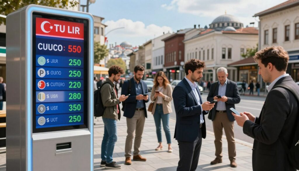 A detailed and vibrant currency exchange scene set in a modern financial district. In the foreground, a sleek, illuminated currency exchange kiosk displaying prominently the Turkish Lira alongside major world currencies like the Euro and US Dollar, complete with numerical exchange rates visible on the digital screen. In the middle ground, diverse travelers dressed in professional business attire and modest casual clothing are engaged in discussions, while consulting their smartphones. The background showcases a bustling street with iconic Turkish landmarks, reflecting a warm sunny day with blue skies and soft lighting casting gentle shadows. The atmosphere is lively, conveying a sense of urgency and importance related to exchanging currency wisely while traveling. A detailed and vibrant currency exchange scene set in a modern financial district. In the foreground, a sleek, illuminated currency exchange kiosk displaying prominently the Turkish Lira alongside major world currencies like the Euro and US Dollar, complete with numerical exchange rates visible on the digital screen. In the middle ground, diverse travelers dressed in professional business attire and modest casual clothing are engaged in discussions, while consulting their smartphones. The background showcases a bustling street with iconic Turkish landmarks, reflecting a warm sunny day with blue skies and soft lighting casting gentle shadows. The atmosphere is lively, conveying a sense of urgency and importance related to exchanging currency wisely while traveling.