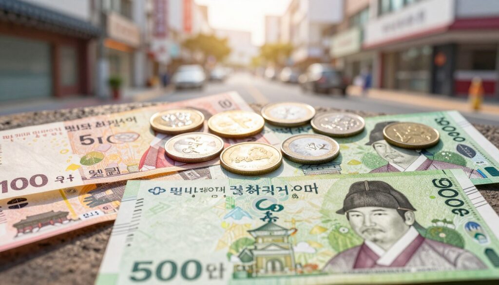A detailed composition showcasing South Korean currency, including colorful banknotes and coins, displayed prominently in the foreground. The banknotes should feature intricate designs, with images of notable figures and cultural symbols of South Korea, such as the traditional hanbok garment and historical landmarks. In the middle ground, a variety of coins should be arranged artfully, highlighting their unique designs, sizes, and metallic finishes. The background should be a soft-focus representation of a modern street in Seoul, gently illuminated by warm, inviting sunlight that casts soft shadows on the currency. The mood should convey a blend of traditional and contemporary elements, evoking a sense of curiosity about South Korea’s economic culture. No text or logos should be present in the image.