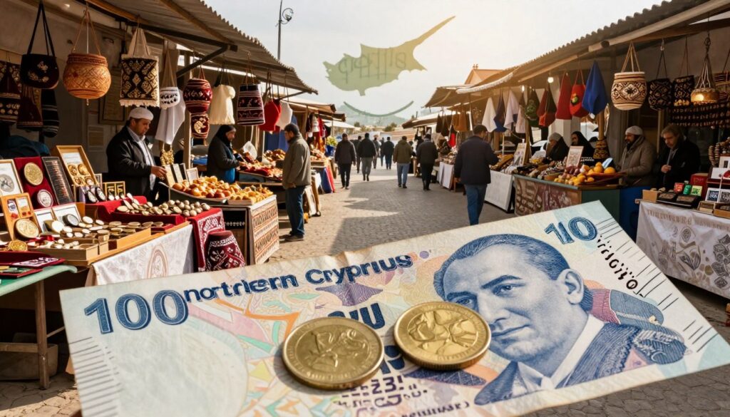 A detailed depiction of the Northern Cyprus currency scene. In the foreground, a close-up of the Turkish Lira, highlighting banknotes and coins with intricate designs. The middle ground features a bustling marketplace with vendors selling traditional local goods, showcasing cultural elements like handcrafted items and food stalls. In the background, a representation of the Green Line, symbolizing the boundary, with a faded glimpse of the Southern part of Cyprus, hinting at the duality of the region. The lighting is warm and inviting, emulating a late afternoon sun. The scene captures a vibrant, yet tranquil atmosphere, reflecting the unique blend of cultures in Northern Cyprus. Shot from a slightly elevated angle to encompass the lively environment.