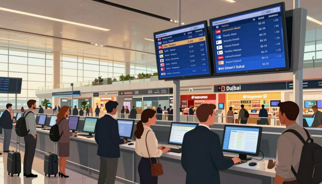 A detailed illustration of a busy international airport terminal, highlighting the journey to Dubai with a layover. In the foreground, travelers in professional business attire are seen checking flight screens and discussing their itineraries, with expressions of anticipation. The middle layer features a large digital flight information board displaying flight times and destinations, including a noticeable flight to Dubai with a layover, incorporating elements like blinking indicators or countdown timers. The background showcases an expansive terminal filled with modern design elements, large windows letting in warm, natural light, and vibrant duty-free shops. The atmosphere is bustling yet organized, conveying a sense of adventure and the excitement of global travel. The angle captures depth, making the airport feel expansive and lively, inviting viewers to imagine the journey ahead. A detailed illustration of a busy international airport terminal, highlighting the journey to Dubai with a layover. In the foreground, travelers in professional business attire are seen checking flight screens and discussing their itineraries, with expressions of anticipation. The middle layer features a large digital flight information board displaying flight times and destinations, including a noticeable flight to Dubai with a layover, incorporating elements like blinking indicators or countdown timers. The background showcases an expansive terminal filled with modern design elements, large windows letting in warm, natural light, and vibrant duty-free shops. The atmosphere is bustling yet organized, conveying a sense of adventure and the excitement of global travel. The angle captures depth, making the airport feel expansive and lively, inviting viewers to imagine the journey ahead.