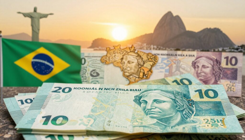 A detailed illustration of the history of the Brazilian real, showcasing its significance in the economy. In the foreground, a stack of Brazilian real banknotes, each displaying intricate designs and vibrant colors, signifying their historical evolution. In the middle ground, an abstract representation of important Brazilian economic symbols such as the national flag, a map of Brazil, and traditional currency exchange scenes, all intertwined with faint historical images of Brazil’s economic milestones. The background features a stylized silhouette of iconic Brazilian landmarks, like the Christ the Redeemer statue and Sugarloaf Mountain, under a warm, golden sunrise to create a hopeful atmosphere. Choose a wide-angle perspective to capture the depth of the narrative, with soft, natural lighting enhancing the details of the banknotes and symbols, giving the image an uplifting mood of progress and prosperity.