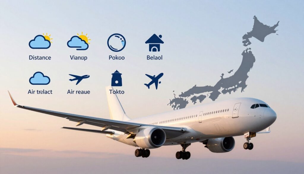 A detailed infographic-style image illustrating the factors affecting flight duration to Japan. In the foreground, a stylized airplane flying toward Japan, emphasizing its streamlined design with details like wings and engines. In the middle layer, icons and symbols representing different factors such as distance, weather conditions, air traffic, and flight routes, arranged in an organized manner around the airplane. The background features a map silhouette of Japan, highlighting Tokyo and Osaka with a soft, gradient sky transitioning from daylight to twilight, suggesting time zones. The lighting is bright and professional, with a focus on clarity and legibility of the icons. The overall atmosphere is informative and engaging, aimed at visually explaining the complexities of flight time variation without any text or distractions.