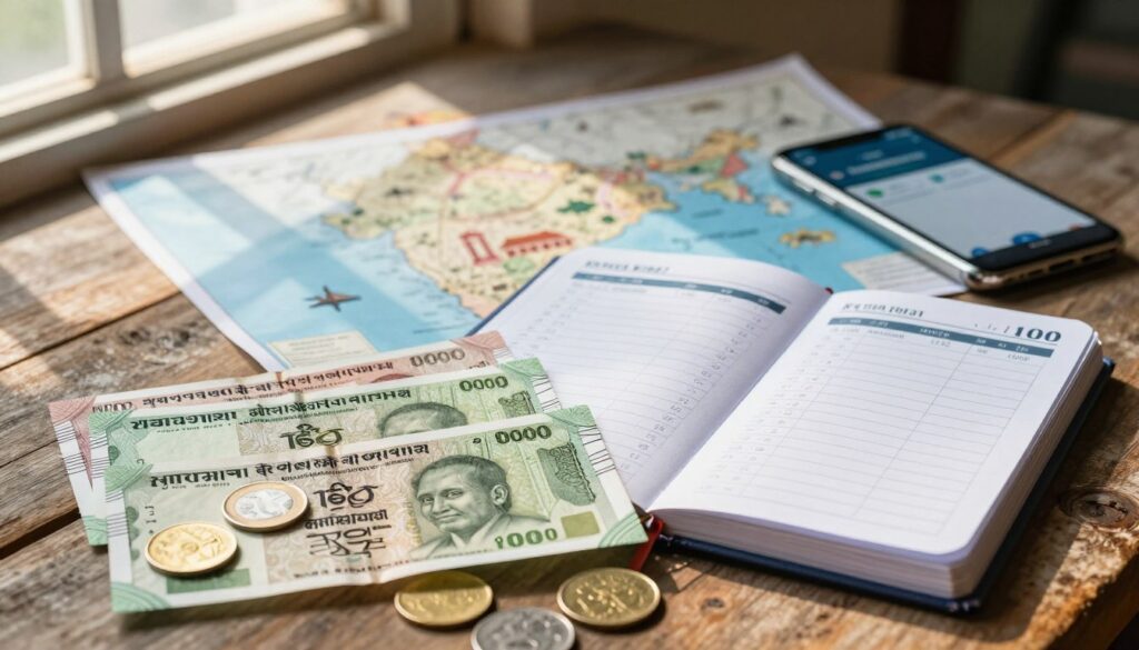 A detailed travel budget layout featuring Indian rupee notes and coins prominently displayed in the foreground, on a rustic wooden table. Beside the cash, a travel budget planner with visible lists and calculations in neat handwriting. In the middle ground, a map of India with iconic landmarks lightly sketched on it, alongside a smartphone displaying a currency conversion app. In the background, soft sunlight filters through a window, casting warm, inviting shadows that enhance the atmosphere of exploration and planning. The overall mood is organized yet vibrant, encapsulating the excitement of traveling to India while being mindful of expenses.