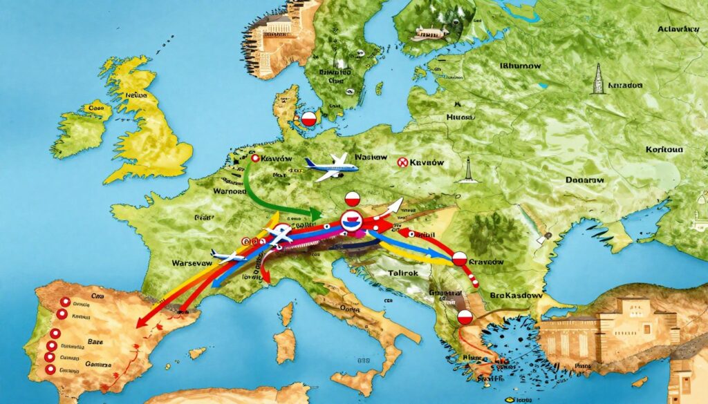 A detailed, vibrant map illustrating flight times from various cities in Poland, such as Warsaw, Kraków, and Gdańsk, to popular destinations in Spain. The foreground features stylized arrows indicating flight paths, each one color-coded to represent different durations. In the middle, round icons of airplanes represent each city, with Polish flags next to them. The background displays an artistic rendition of the Polish and Spanish landscapes merging seamlessly, with landmarks such as the Warsaw Palace of Culture and the Alhambra Castle. The image is brightly lit, capturing a sense of adventure and exploration, with a warm color palette to evoke a friendly atmosphere. The perspective is slightly elevated, offering a clear view of the entire design without text or distortions.