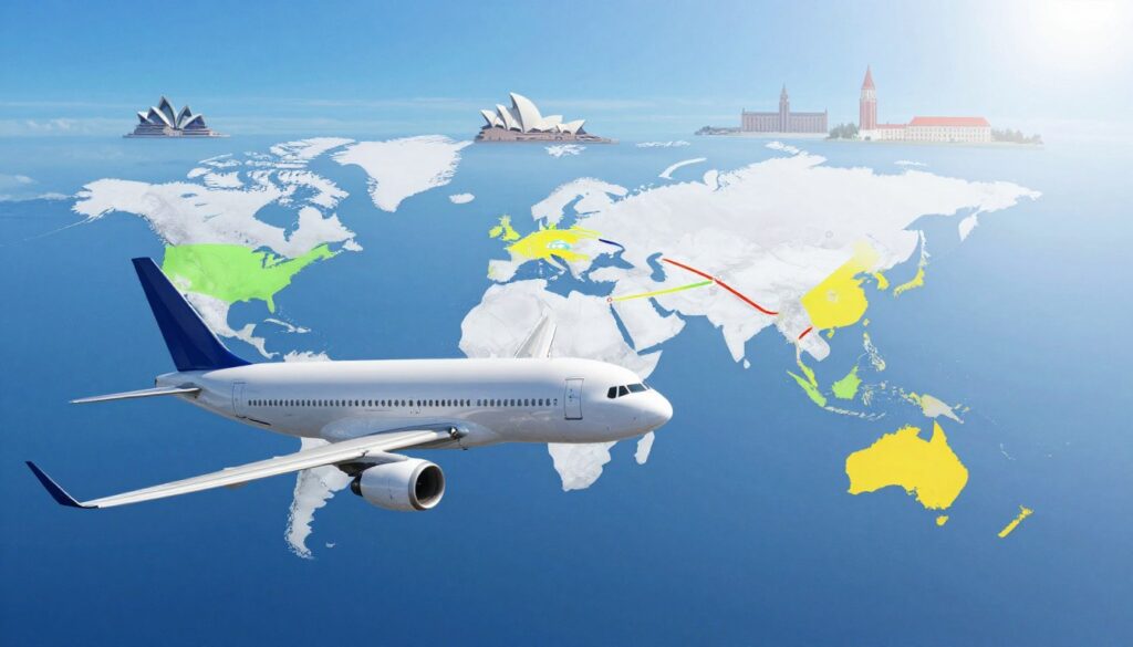 A dynamic aerial view showcasing the concept of direct flights from Poland to Australia. In the foreground, a sleek, modern airplane is soaring through a clear blue sky, symbolizing travel and connectivity. The middle ground features a stylized map of the world, with distinct routes highlighted in bright colors from Poland to Australia, emphasizing the journey. In the background, iconic landmarks from both Poland and Australia, like the Sydney Opera House and Warsaw's Royal Castle, are subtly blended into a seamless horizon. The lighting is bright and inviting, evoking a sense of adventure and exploration. The mood is optimistic and inspiring, perfect for illustrating travel possibilities. A dynamic aerial view showcasing the concept of direct flights from Poland to Australia. In the foreground, a sleek, modern airplane is soaring through a clear blue sky, symbolizing travel and connectivity. The middle ground features a stylized map of the world, with distinct routes highlighted in bright colors from Poland to Australia, emphasizing the journey. In the background, iconic landmarks from both Poland and Australia, like the Sydney Opera House and Warsaw's Royal Castle, are subtly blended into a seamless horizon. The lighting is bright and inviting, evoking a sense of adventure and exploration. The mood is optimistic and inspiring, perfect for illustrating travel possibilities.