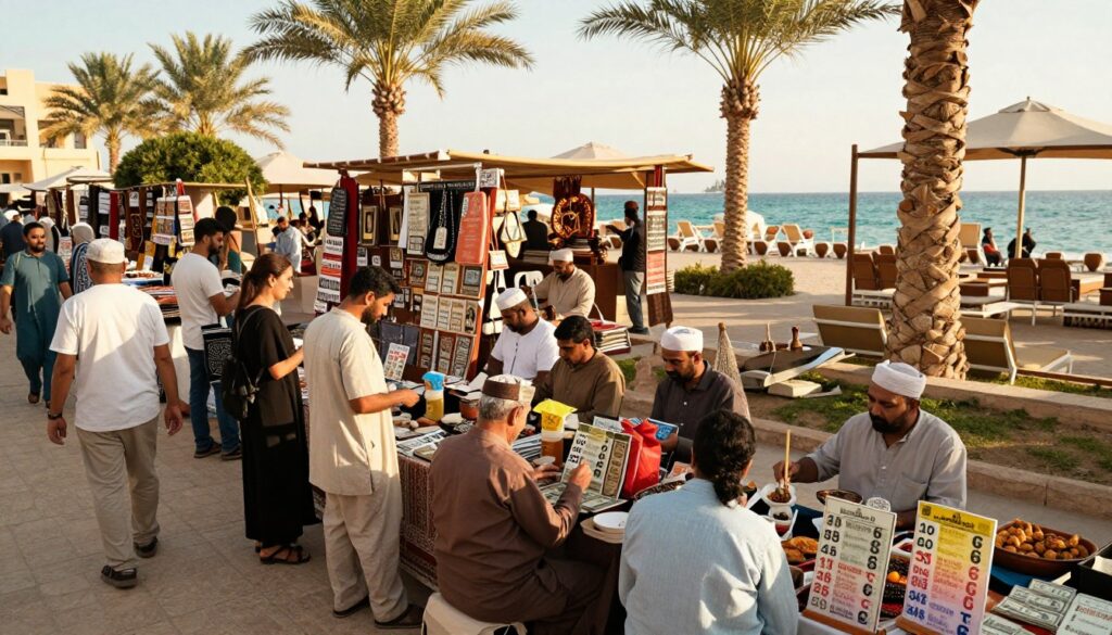A lively scene capturing a popular tourist resort in Egypt, featuring a vibrant marketplace where local vendors showcase both US dollars and euros. In the foreground, tourists dressed in modest casual attire are engaging with friendly vendors, evaluating colorful currency exchange rates displayed on signs. The middle ground reveals stalls adorned with souvenirs, traditional crafts, and local delicacies, all under sunlit skies. In the background, palm trees sway gently, framing a glimpse of the turquoise sea and luxurious beach chairs. The image should convey a warm, inviting atmosphere with soft, golden hour lighting, emphasizing the allure of vacationing in Egypt. The composition should be shot from a slightly elevated angle, providing a panoramic view of this bustling cultural experience while avoiding any text or branding elements. A lively scene capturing a popular tourist resort in Egypt, featuring a vibrant marketplace where local vendors showcase both US dollars and euros. In the foreground, tourists dressed in modest casual attire are engaging with friendly vendors, evaluating colorful currency exchange rates displayed on signs. The middle ground reveals stalls adorned with souvenirs, traditional crafts, and local delicacies, all under sunlit skies. In the background, palm trees sway gently, framing a glimpse of the turquoise sea and luxurious beach chairs. The image should convey a warm, inviting atmosphere with soft, golden hour lighting, emphasizing the allure of vacationing in Egypt. The composition should be shot from a slightly elevated angle, providing a panoramic view of this bustling cultural experience while avoiding any text or branding elements.