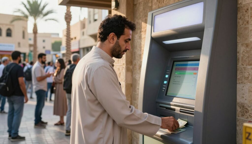 A modern ATM in a bright, bustling Egyptian city, showcasing the interface illuminated with vibrant colors. In the foreground, a well-dressed person, a middle-aged male in modest clothing, stands in front of the ATM, attentively withdrawing cash, with his hand reaching out to the machine. In the middle ground, a diverse crowd of people can be seen, some conversing and others waiting, capturing the lively atmosphere typical of a busy urban area in Egypt. The background features palm trees swaying gently and traditional architecture, while warm sunlight bathes the scene, creating a vibrant and inviting mood. The angle is slightly low to emphasize the ATM's screen, showcasing the transaction process effectively. A modern ATM in a bright, bustling Egyptian city, showcasing the interface illuminated with vibrant colors. In the foreground, a well-dressed person, a middle-aged male in modest clothing, stands in front of the ATM, attentively withdrawing cash, with his hand reaching out to the machine. In the middle ground, a diverse crowd of people can be seen, some conversing and others waiting, capturing the lively atmosphere typical of a busy urban area in Egypt. The background features palm trees swaying gently and traditional architecture, while warm sunlight bathes the scene, creating a vibrant and inviting mood. The angle is slightly low to emphasize the ATM's screen, showcasing the transaction process effectively.