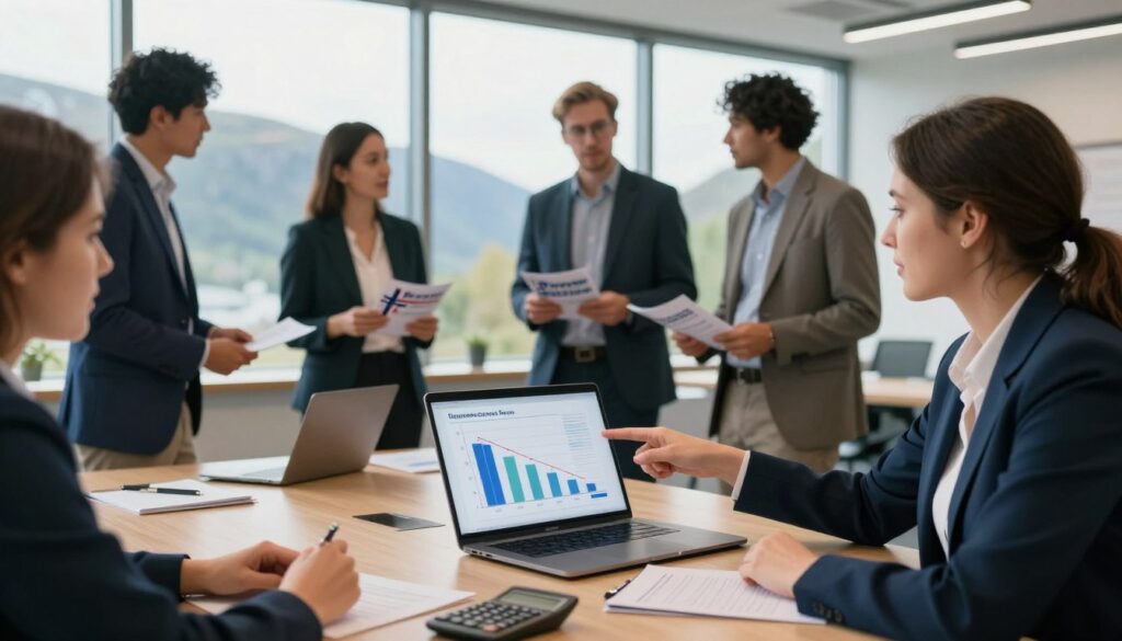 A modern and inviting office scene in Norway, showcasing a diverse group of professionals in business attire discussing payment options. In the foreground, a focused woman points at a chart showing decreasing fees for transactions, with a laptop and calculator on the table. In the middle ground, colleagues are engaged in conversation, holding brochures about payment methods in Norway. The background features large windows with a view of scenic Norwegian landscapes, soft natural light cascading into the room, creating a warm and productive atmosphere. The image captures the essence of financial efficiency and collaboration, emphasizing the theme of minimizing payment fees.