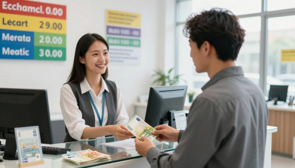 A modern currency exchange office featuring a welcoming atmosphere. In the foreground, a professional-looking customer in smart casual attire is interacting with a friendly bank teller behind a glass counter filled with various banknotes, prominently displaying euro notes. The middle ground shows a bright, airy interior with colorful signage related to currency exchange rates and local currency information. The background features large windows letting in soft, natural light, giving the scene a cheerful feel. The focus is sharp on the customer and teller, with a shallow depth of field to create a slightly blurred effect on the background. Capture the mood of anticipation and preparation for travel, ensuring everything is depicted in a safe for work manner.