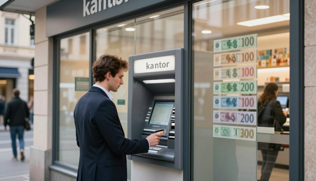 A modern currency exchange office (kantor) and an ATM situated in a well-lit urban environment in Hungary. In the foreground, a professional-looking individual in business attire is using a credit card at the ATM, showing a sense of security and ease. The background features a sleek storefront of the currency exchange office, with a glass facade displaying various currencies. Soft, warm lighting creates an inviting atmosphere, and the scene captures the hustle of a busy city street with blurred pedestrians walking by. A focus on the details of the ATM and the currency exchange rates visible through the window adds realism, while maintaining a clean, clutter-free composition. The overall mood should evoke trust and professionalism in financial transactions.