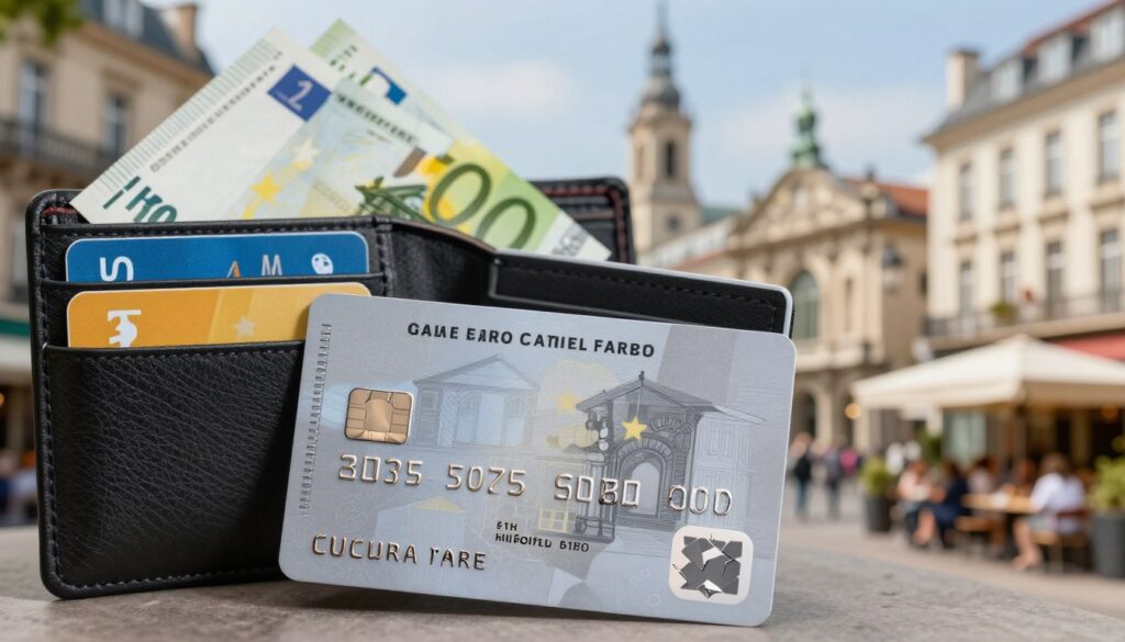 A modern multi-currency card designed for euro payments, prominently displayed in the foreground. The card features sleek, metallic accents and symbols of various currencies, capturing its versatility. In the middle ground, a stylish wallet is partially open, revealing additional cards and euro banknotes, suggesting convenience for travel. The background showcases a blurred scene of a European cityscape, possibly incorporating iconic landmarks and street cafes, conveying a vibrant travel atmosphere. The image is illuminated with soft, natural light, emphasizing the elegance of the card. A slight overhead angle creates depth, inviting the viewer to explore the card's details while maintaining a professional and sophisticated mood.