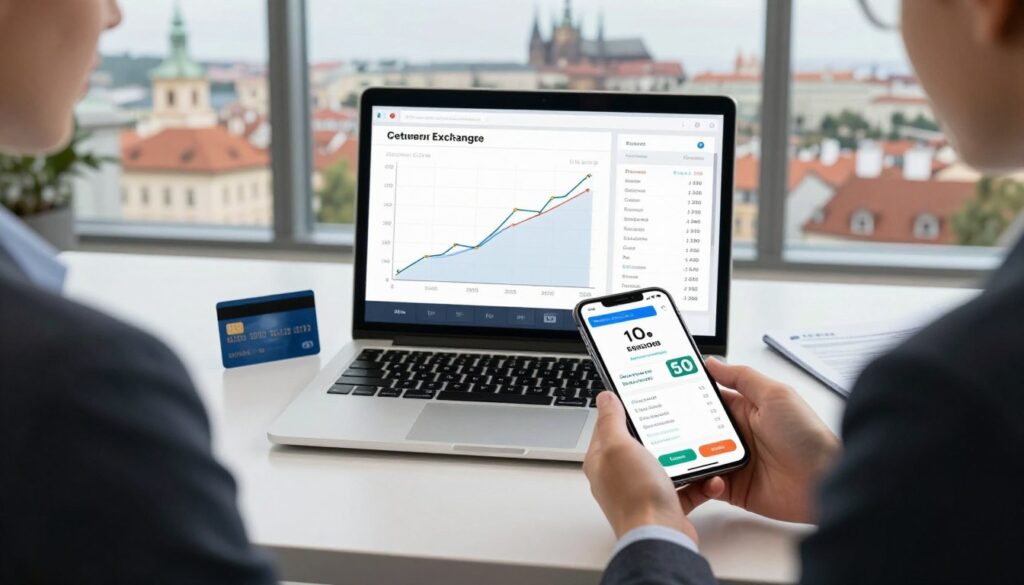 A modern office setting showcasing a financial transaction scene. In the foreground, a professional-looking person in business attire is analyzing a smartphone displaying a currency exchange app, highlighting different currencies like Czech koruna and euro. The middle layer features a sleek laptop with a graph chart illustrating currency exchange rates, flanked by a credit card and a currency conversion guide. In the background, large windows reveal a bustling cityscape of Prague with recognizable landmarks. Bright, natural lighting fills the room, creating an atmosphere of financial awareness and technology. The overall mood is focused and informative, emphasizing the importance of avoiding unfavorable currency exchange rates during card payments.