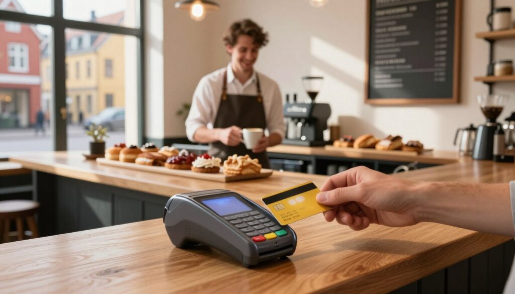 A modern, vibrant scene of a Danish café showcasing a customer making a contactless card payment at a sleek, wooden counter. The foreground features a hand placing a credit card near a payment terminal, with a soft glow illuminating the card’s chip. In the middle, a friendly barista in a professional outfit smiles while preparing coffee, surrounded by an array of pastries and a dark wooden coffee menu board. The background depicts a cozy ambiance with large windows revealing a picturesque street lined with colorful buildings, bathed in warm afternoon sunlight. The overall mood is welcoming and efficient, highlighting the ease of card payments in Denmark's everyday life. The image is well-composed, using natural lighting to create a warm and inviting atmosphere.