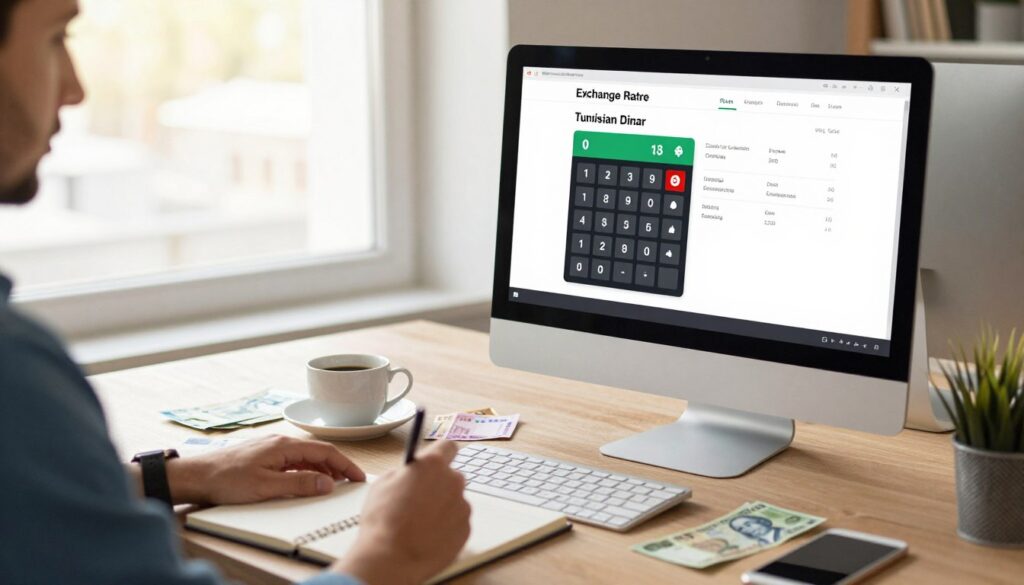 A modern workspace featuring a sleek desktop computer displaying a calculator app with the current exchange rate of the Tunisian dinar on the screen. In the foreground, a person in smart casual attire is using a notepad and pen to jot down prices in Tunisian dinars, focusing on conversion calculations. The middle ground shows a coffee cup and currency notes from various countries scattered around, symbolizing international exchange. In the background, a large window lets in soft, natural light that creates a warm and inviting atmosphere, suggesting a busy but organized environment. The scene embodies a sense of practicality and currency awareness, ideal for understanding payments in Tunisia. A modern workspace featuring a sleek desktop computer displaying a calculator app with the current exchange rate of the Tunisian dinar on the screen. In the foreground, a person in smart casual attire is using a notepad and pen to jot down prices in Tunisian dinars, focusing on conversion calculations. The middle ground shows a coffee cup and currency notes from various countries scattered around, symbolizing international exchange. In the background, a large window lets in soft, natural light that creates a warm and inviting atmosphere, suggesting a busy but organized environment. The scene embodies a sense of practicality and currency awareness, ideal for understanding payments in Tunisia.