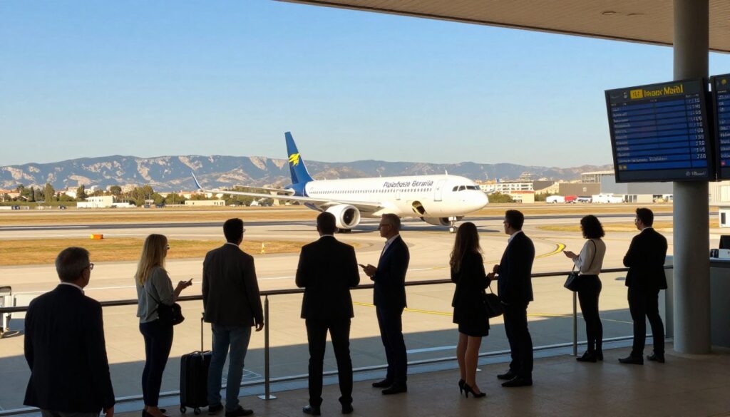 A panoramic view of an airport runway in the foreground, featuring a modern airplane ready for departure on a sunny day. In the middle ground, travelers, dressed in professional attire, are engaging in conversations while looking at departure boards, showcasing excitement for their journey to Palma Mallorca. The background displays a clear blue sky and distant mountains, symbolizing the beauty of the island. The scene is bathed in warm, golden sunlight, creating a welcoming atmosphere. The composition is captured from a slightly elevated angle to emphasize the hustle of the airport and the anticipation of the direct flight. This imagery conveys the essence of travel and the choice between direct flights and connecting journeys. A panoramic view of an airport runway in the foreground, featuring a modern airplane ready for departure on a sunny day. In the middle ground, travelers, dressed in professional attire, are engaging in conversations while looking at departure boards, showcasing excitement for their journey to Palma Mallorca. The background displays a clear blue sky and distant mountains, symbolizing the beauty of the island. The scene is bathed in warm, golden sunlight, creating a welcoming atmosphere. The composition is captured from a slightly elevated angle to emphasize the hustle of the airport and the anticipation of the direct flight. This imagery conveys the essence of travel and the choice between direct flights and connecting journeys.