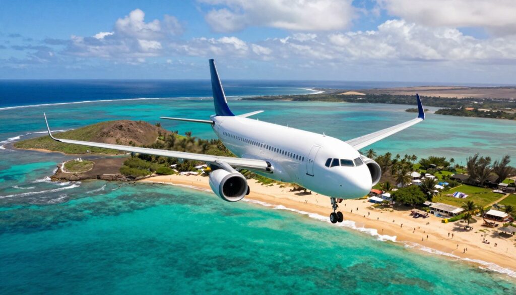 A picturesque aerial view of an airplane flying over the vibrant islands of Sal and Boa Vista in Cape Verde, highlighting the contrast between the crystal-clear turquoise waters and the golden sandy beaches. In the foreground, the airplane is captured mid-flight, showcasing its sleek design and the sunlight reflecting off its wings. The middle ground features the stunning islands with lush greenery, and some beachgoers in modest casual clothing enjoying the sun. In the background, a brilliant blue sky with fluffy white clouds creates a warm and inviting atmosphere. The image is bathed in natural sunlight, enhancing the inviting appeal of these tropical islands. The angle captures the airplane from slightly below, emphasizing its journey from Poland to this beautiful destination, while evoking a sense of adventure and exploration.