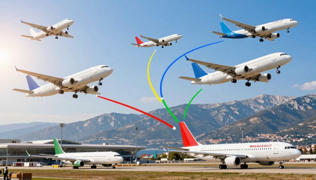 A picturesque collage showcasing popular Polish airports and flight paths to Albania. In the foreground, detailed, realistic depictions of iconic Polish airports like Warsaw Chopin Airport and Kraków Airport, with aircraft poised for takeoff under a bright blue sky. The middle ground features stylized flight routes highlighted with vibrant lines leading towards Tirana International Airport, symbolizing the journey to Albania. The background includes hints of Albania's stunning landscapes, like the Albanian coastline and mountainous terrain, softly blurred to enhance focus on the airports and flight routes. The scene is drenched in warm sunlight, creating an inviting and hopeful atmosphere, encouraging adventure and exploration. Capture a sense of movement and excitement, emphasizing travel and connection.