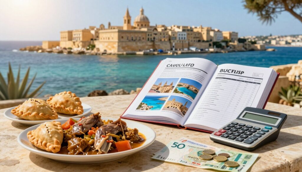 A picturesque scene depicting the essence of Malta's prices and travel budget planning. In the foreground, a beautifully arranged table showcasing traditional Maltese cuisine, such as pastizzi and rabbit stew, alongside local currency notes and coins, evoking a sense of budgeting for meals. In the middle, a travel guidebook featuring vibrant images of Malta's attractions, like the Blue Lagoon and Mdina, lies open next to a modest calculator, indicating careful planning. The background features a stunning coastal view of Malta, with crystal-clear water and historical architecture basking in golden sunlight. The atmosphere should feel inviting, warm, and encouraging for travelers looking to explore while maintaining a budget, with soft focus on the background to highlight the foreground details.
