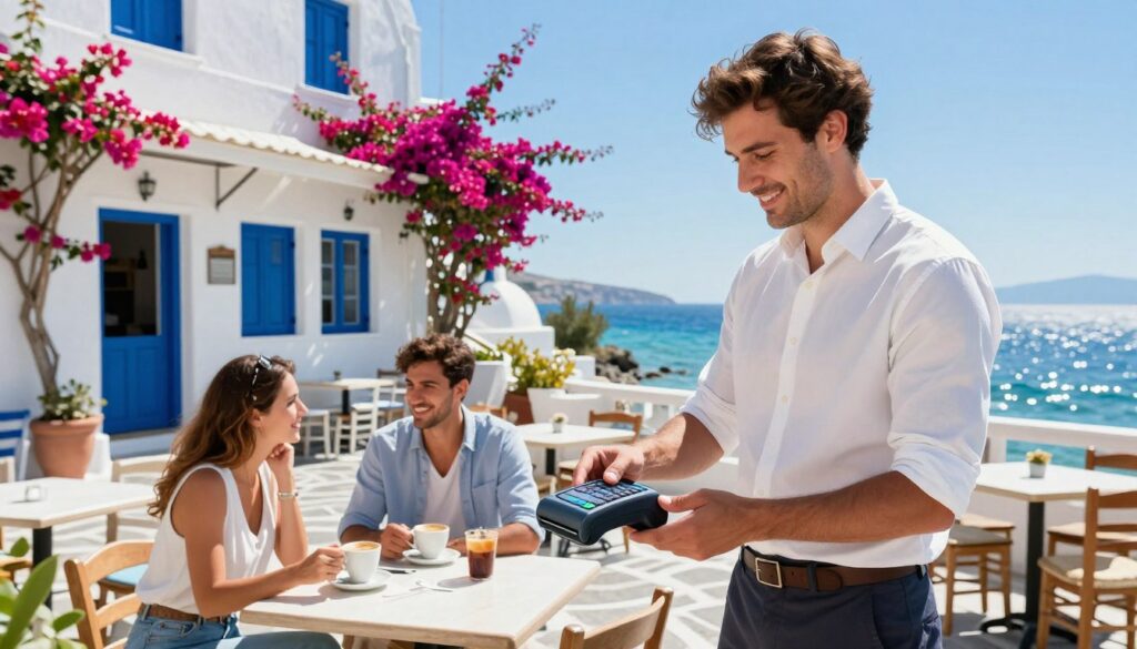 A picturesque scene set in a bustling Greek village square during a sunny day, showing a small outdoor café. In the foreground, a friendly waiter in smart casual attire is confidently processing a card payment with a modern card reader at a table where a couple is enjoying their coffee. In the middle, there are traditional Greek architectural elements, such as whitewashed buildings with blue shutters and blooming bougainvillea, creating a vibrant atmosphere. In the background, a glimpse of the azure sea can be seen, reflecting the sunlight, while a clear blue sky enhances the joyful ambiance. The lighting is bright and inviting, capturing the essence of a relaxed vacation experience in Greece, emphasizing convenience and modern payment methods in a scenic setting.