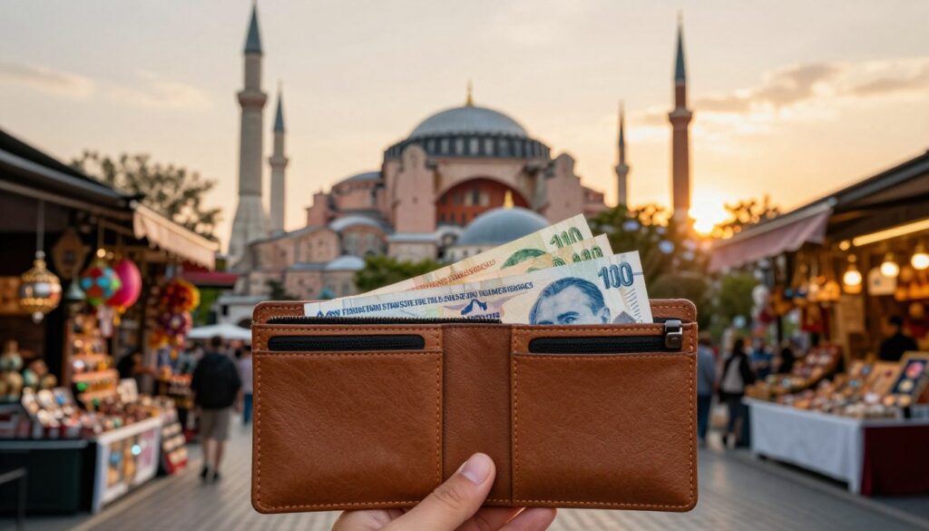 A picturesque setting showcasing a traveler's essentials for Turkey. In the foreground, a neatly arranged travel wallet displaying Turkish lira alongside a few different international currencies, symbolizing options for currency exchange. The middle ground features a scenic Istanbul street market with colorful stalls and local wares, hinting at the vibrant culture. In the background, the iconic silhouette of the Hagia Sophia under a warm golden sunset sky, casting a soft glow over the scene. The image should capture a lively and inviting atmosphere, with gentle lighting enhancing the feeling of adventure. Use a slight depth of field effect to focus on the wallet while keeping the market scene vivid and engaging. A picturesque setting showcasing a traveler's essentials for Turkey. In the foreground, a neatly arranged travel wallet displaying Turkish lira alongside a few different international currencies, symbolizing options for currency exchange. The middle ground features a scenic Istanbul street market with colorful stalls and local wares, hinting at the vibrant culture. In the background, the iconic silhouette of the Hagia Sophia under a warm golden sunset sky, casting a soft glow over the scene. The image should capture a lively and inviting atmosphere, with gentle lighting enhancing the feeling of adventure. Use a slight depth of field effect to focus on the wallet while keeping the market scene vivid and engaging.
